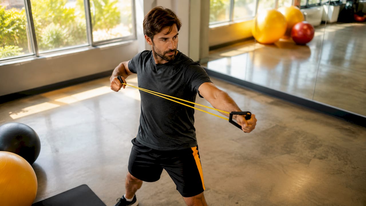 Man exercising with resistance band at home gym