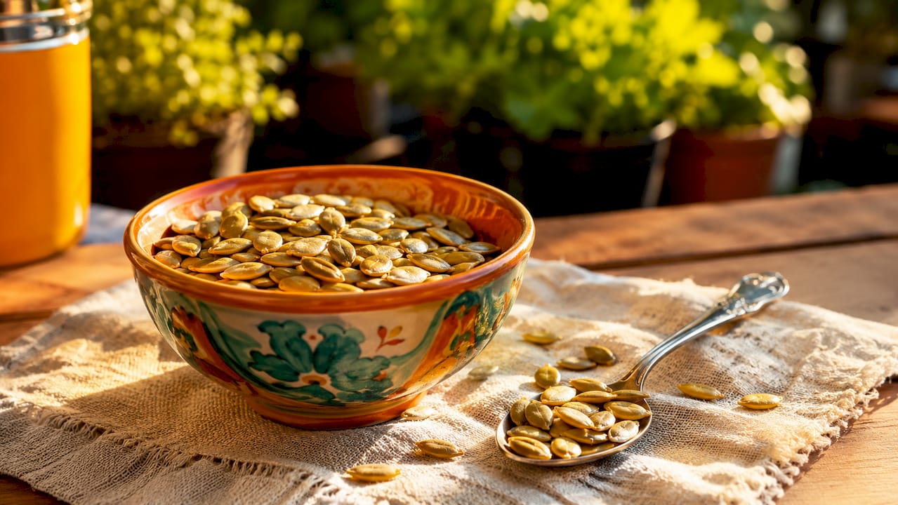 Close-up of pumpkin seeds in wooden bowl