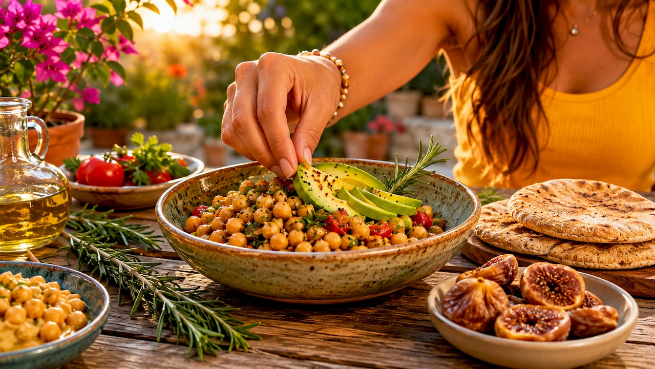 Mediterranean fiber-rich foods on rustic table outdoors