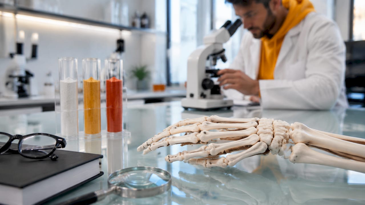 Minerals and skeletal anatomical model close-up