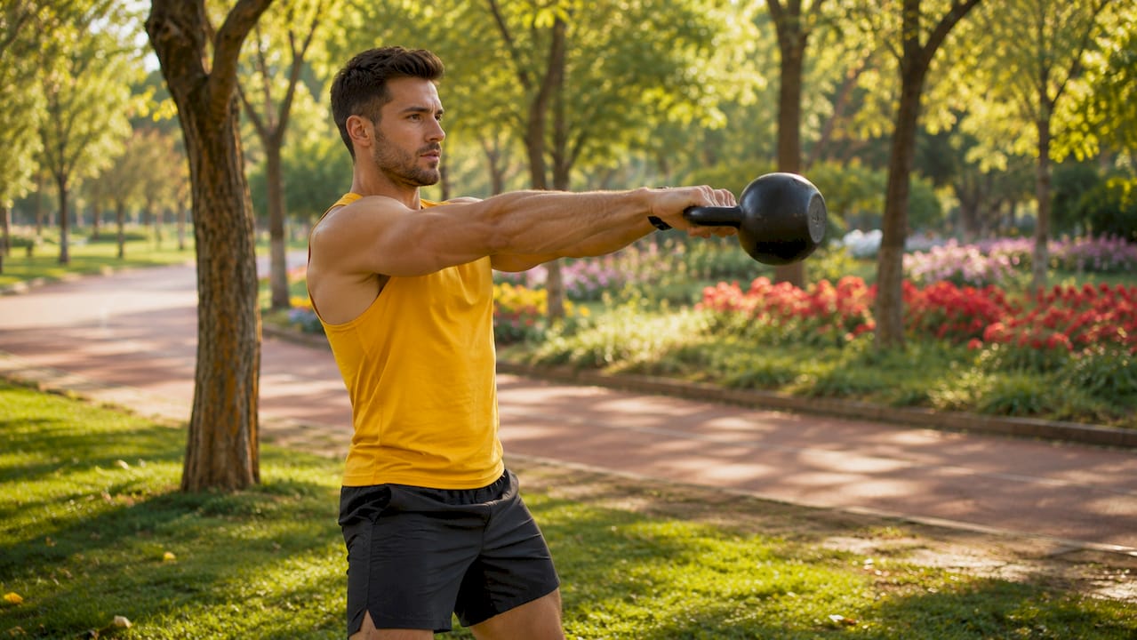 Close-up of athlete gripping kettlebell in gym