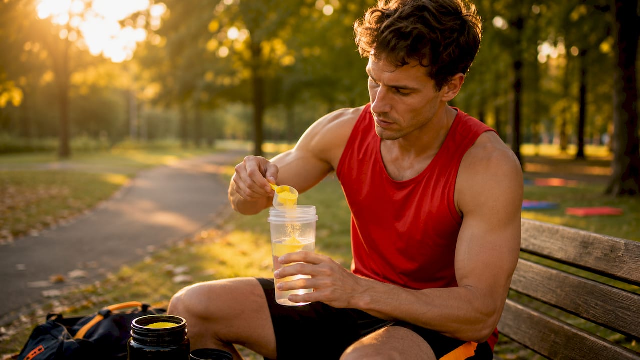 Hands mixing creatine supplement in gym locker room