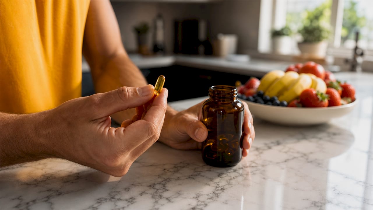 Hands holding vitamin D3 capsule close-up