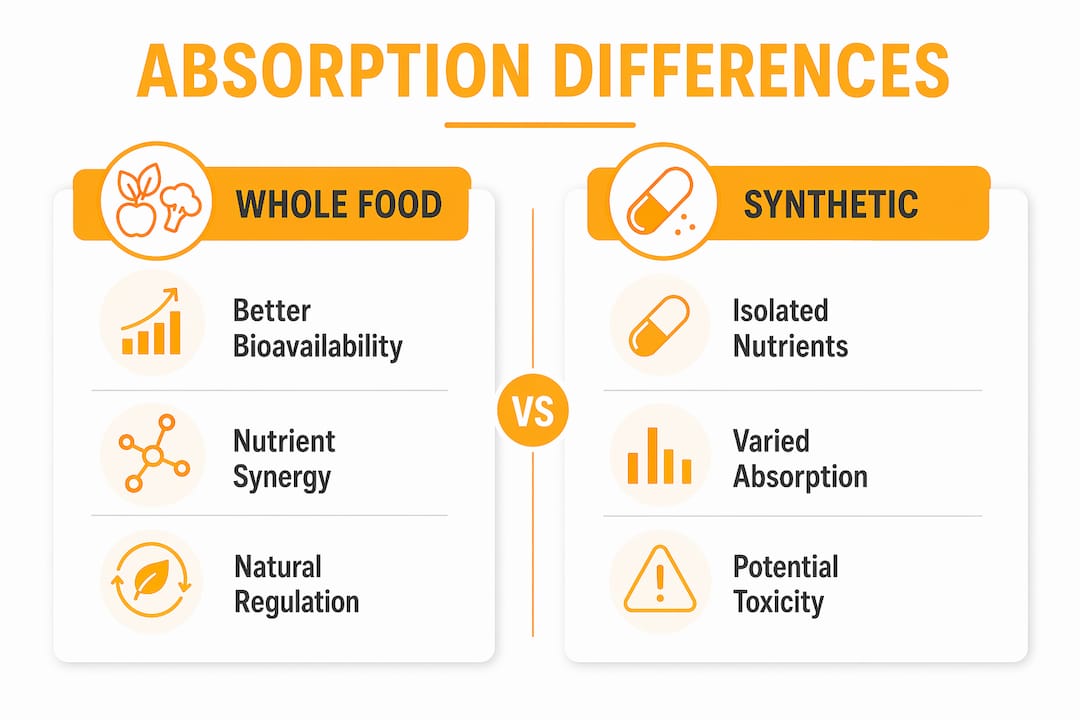 Infographic comparing whole food versus synthetic nutrient absorption