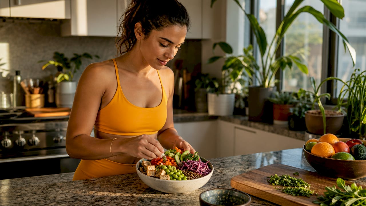 Hands preparing plant-based post-workout bowl ingredients