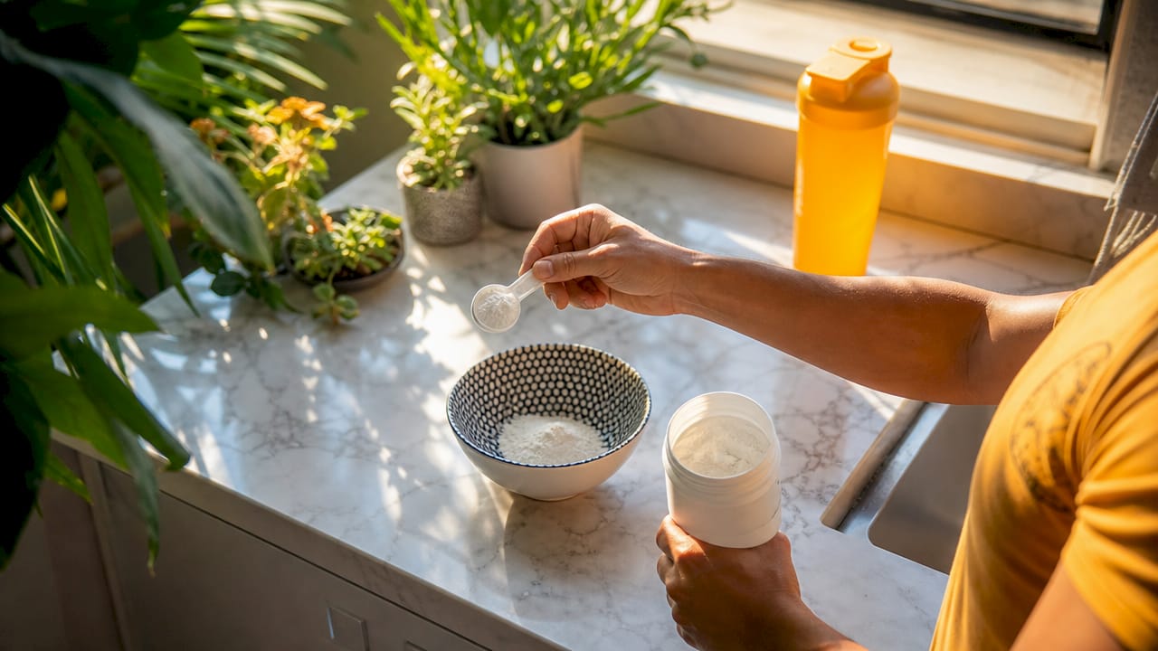 Close-up of hands measuring creatine powder in kitchen