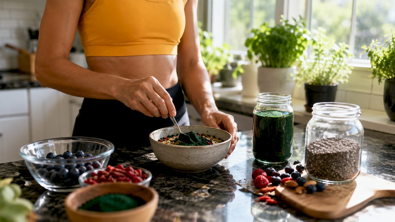 Hands blending whole-food supplements and herbs
