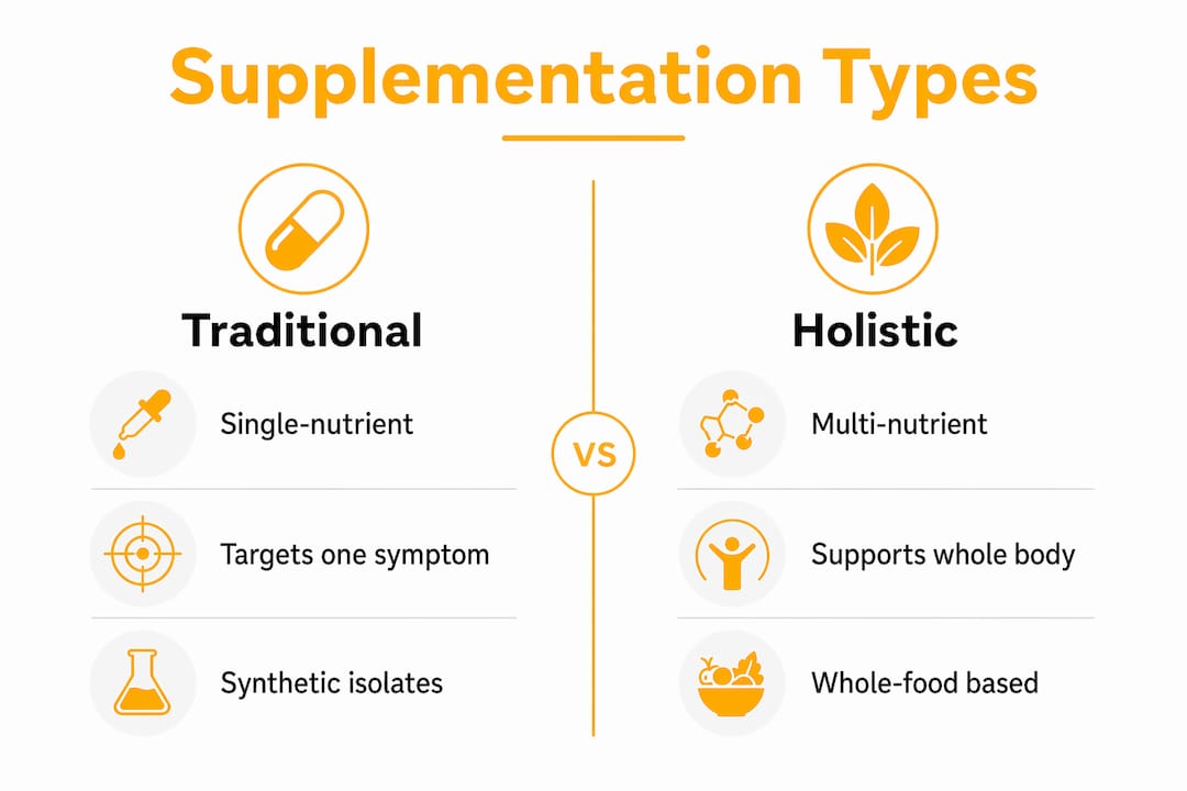 Infographic comparing traditional and holistic supplementation