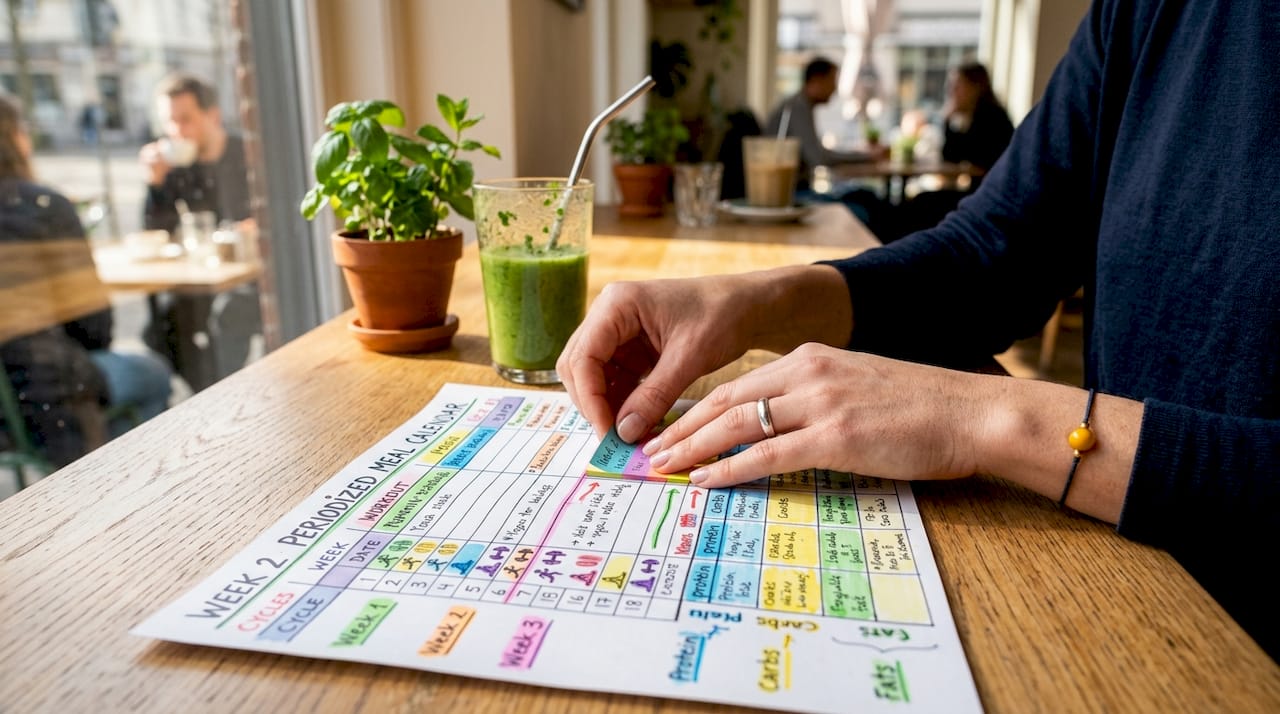 Hands holding nutrition periodization calendar