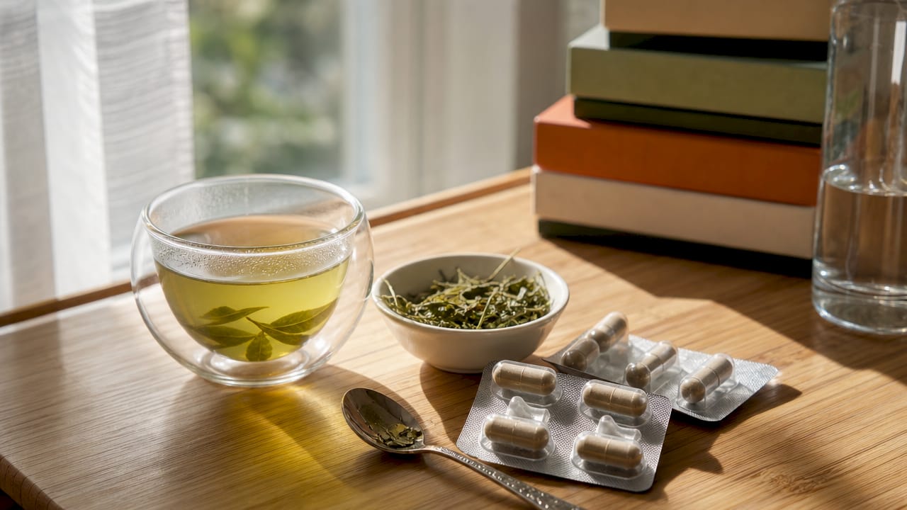 Close-up of green tea cup and EGCG caffeine capsules