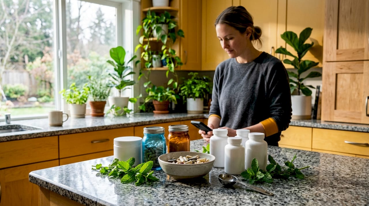 Flat lay of various types of detox supplements