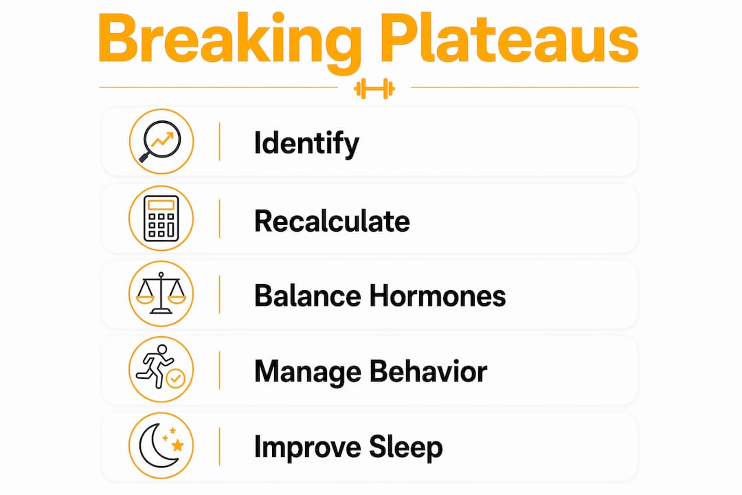 Infographic illustrating steps to break weight loss plateaus