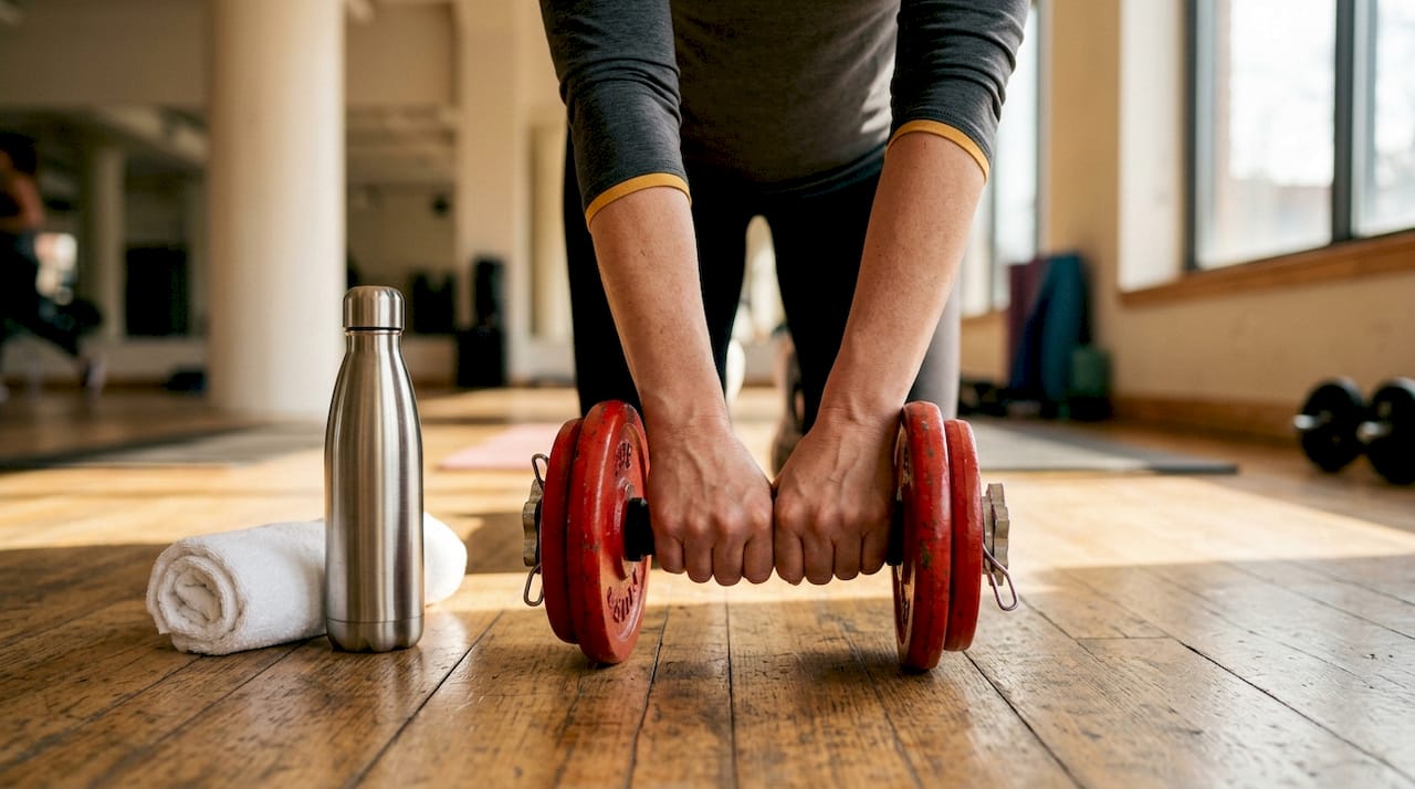 Hands holding dumbbell on gym floor with towel and bottle