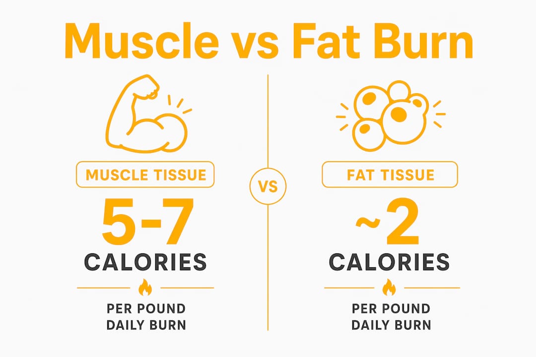 Infographic comparing calories burned by muscle vs fat tissue daily