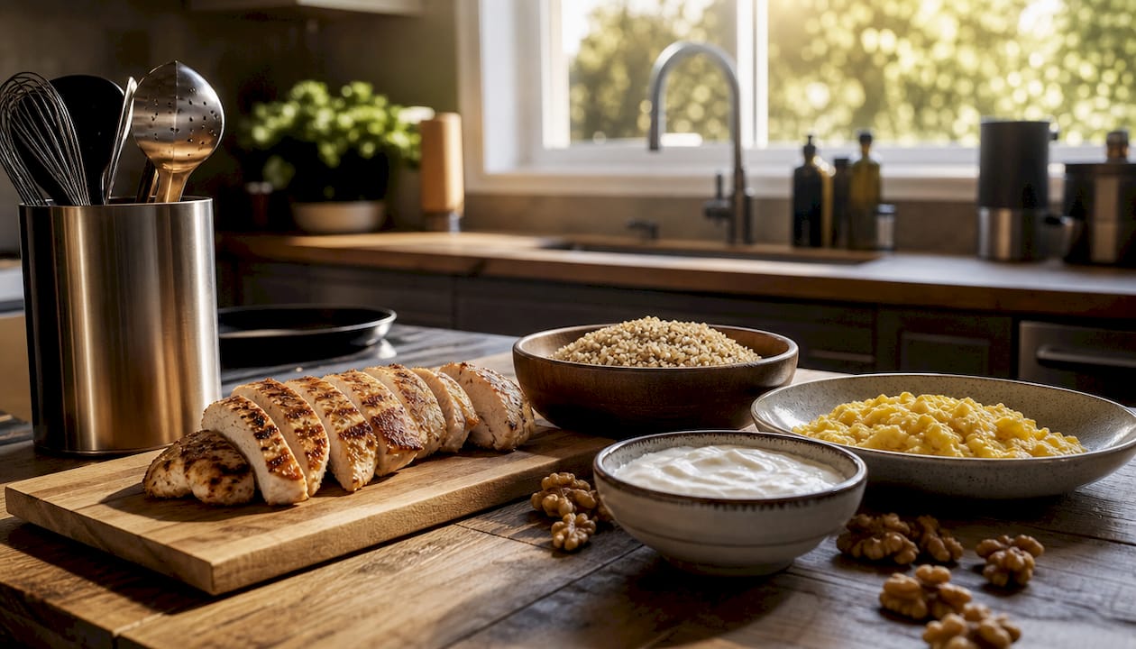 Assorted protein-rich foods on a wooden table