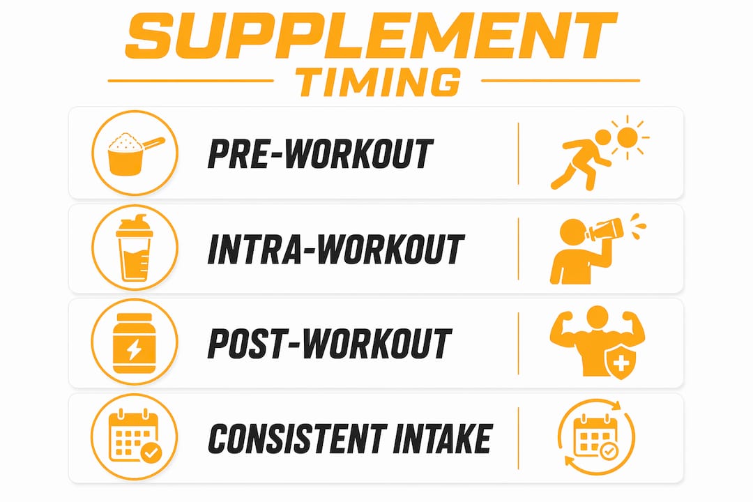 Infographic illustrating workout supplement timing stages