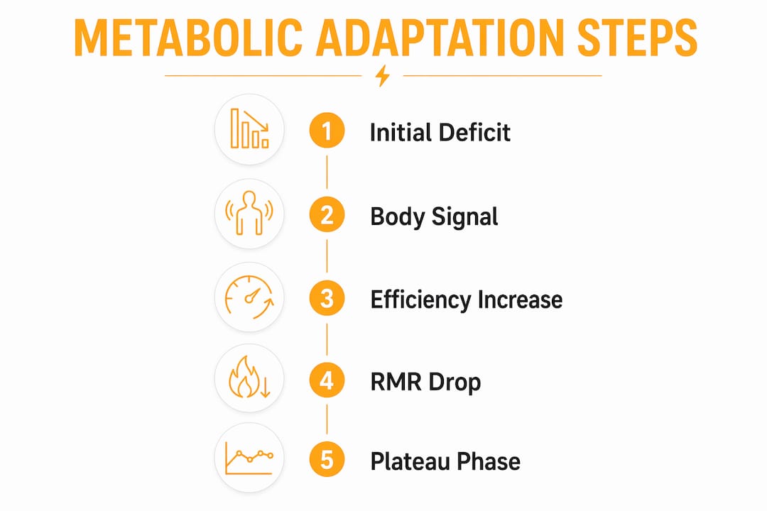 Infographic showing metabolic adaptation steps in weight loss