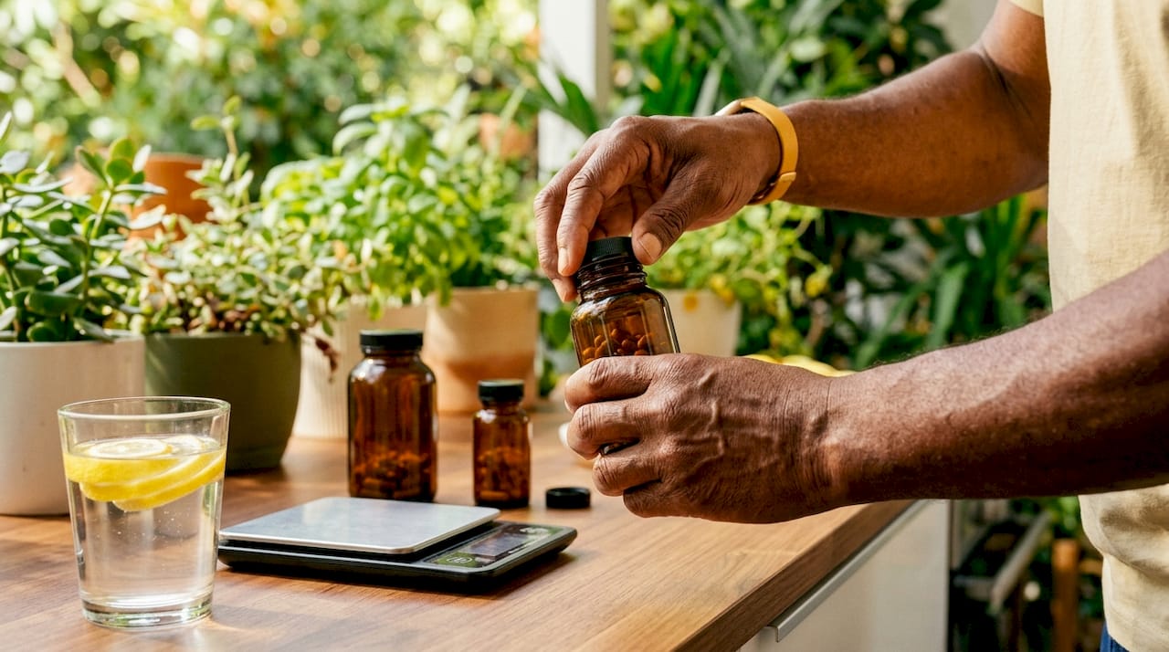 Hands inspecting herbal supplement bottles