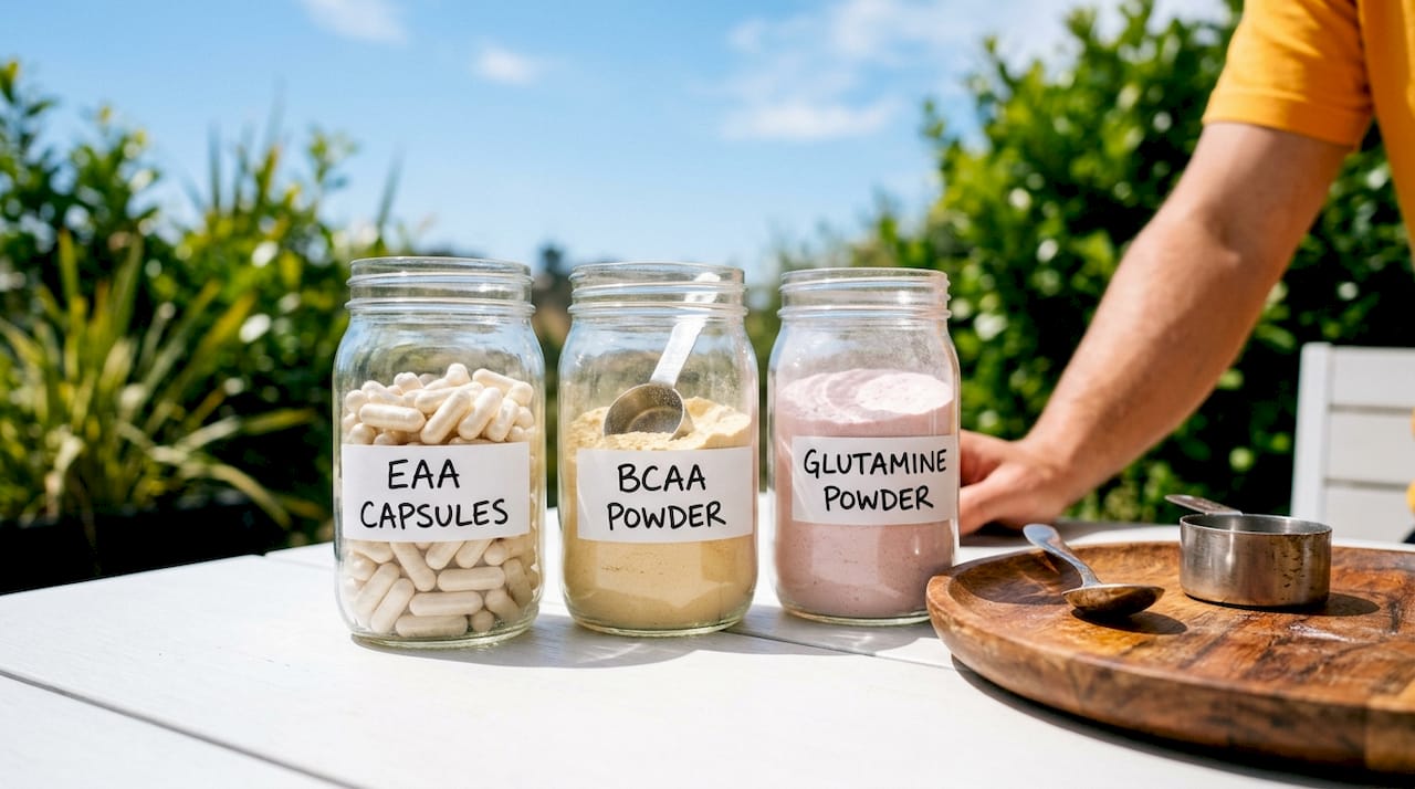 Overhead view of amino acid supplement varieties