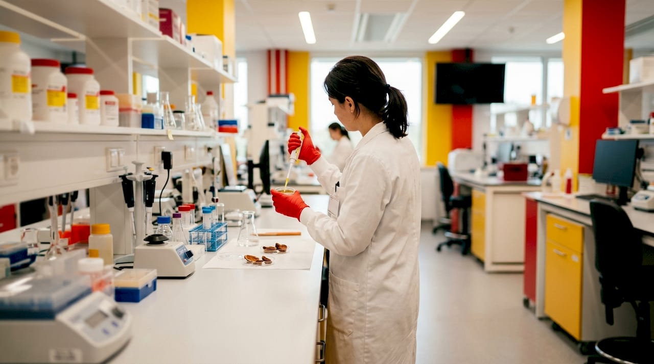 Lab technician analyzing Reishi mushroom extract