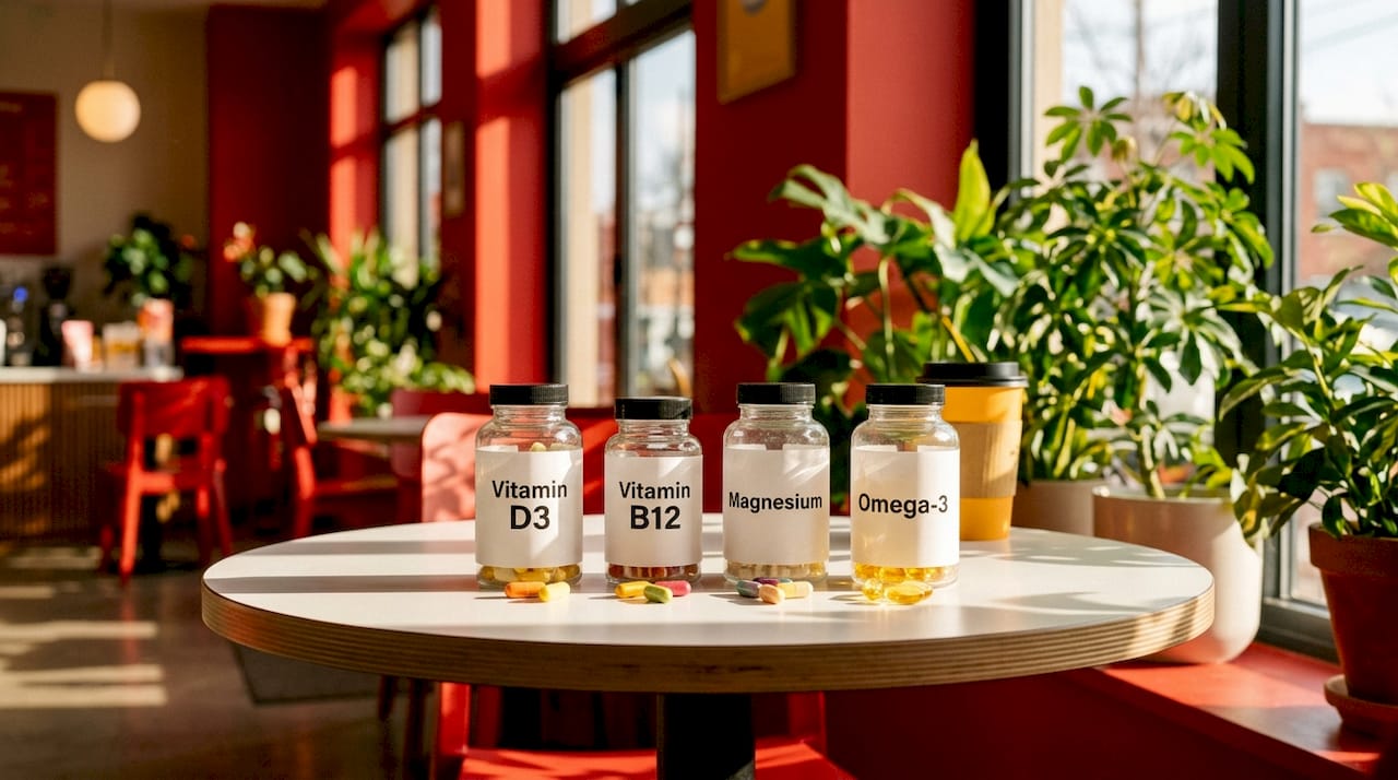 Overhead view of essential adult vitamin bottles on desk