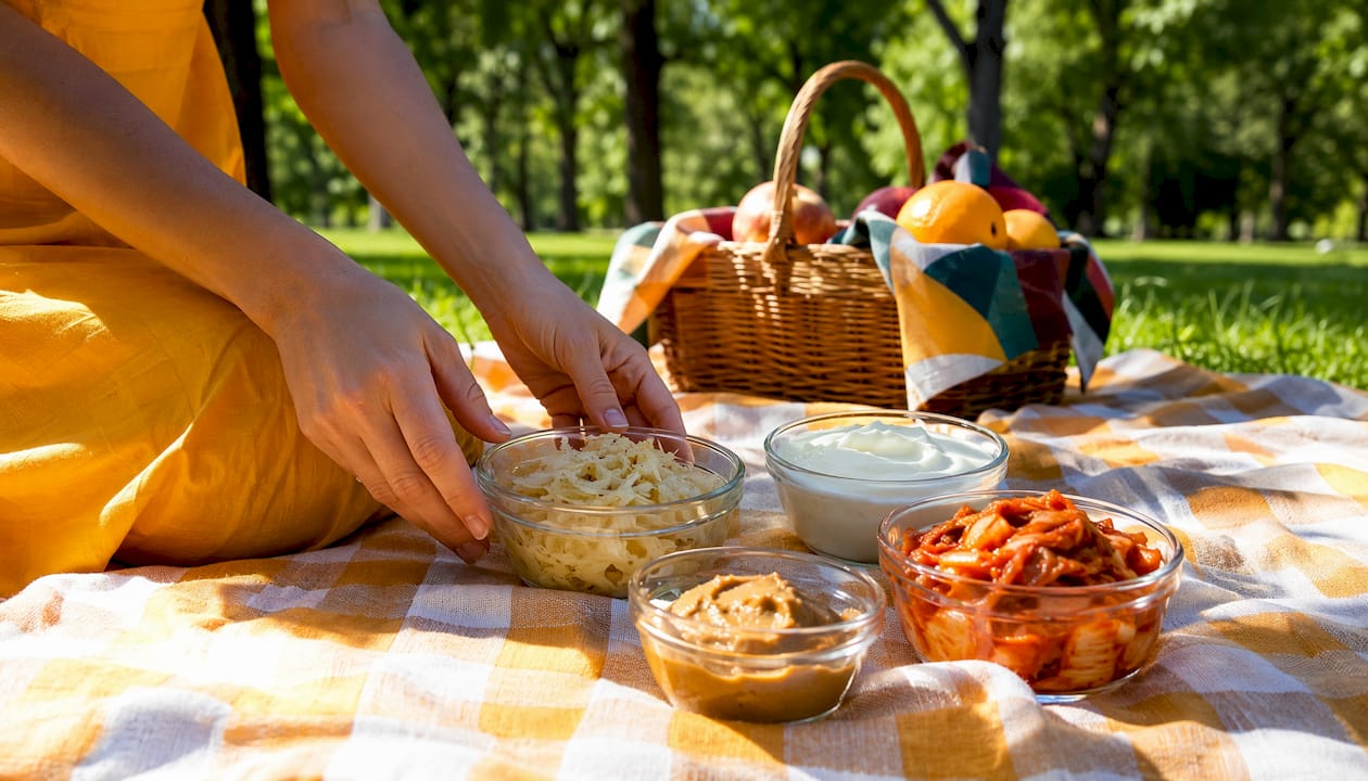 Close-up of probiotic fermented food bowls
