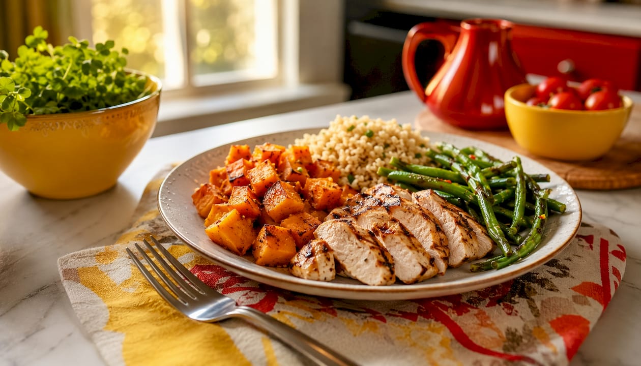 Balanced meal plate with macros overhead view
