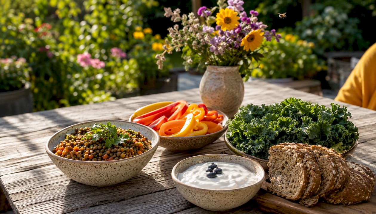 Close-up of fiber rich plant foods on table