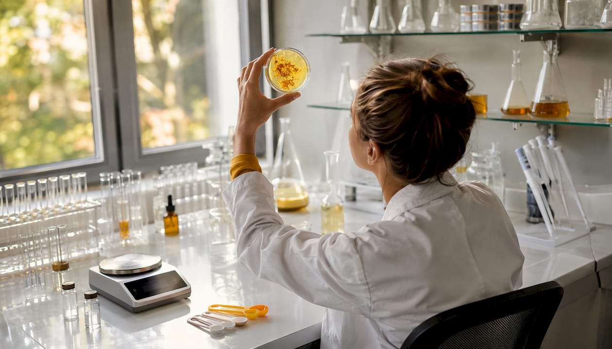 Scientist holding turmeric extract in laboratory
