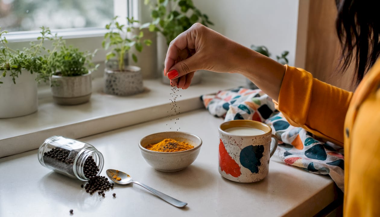 Overhead view of turmeric and black pepper ingredients