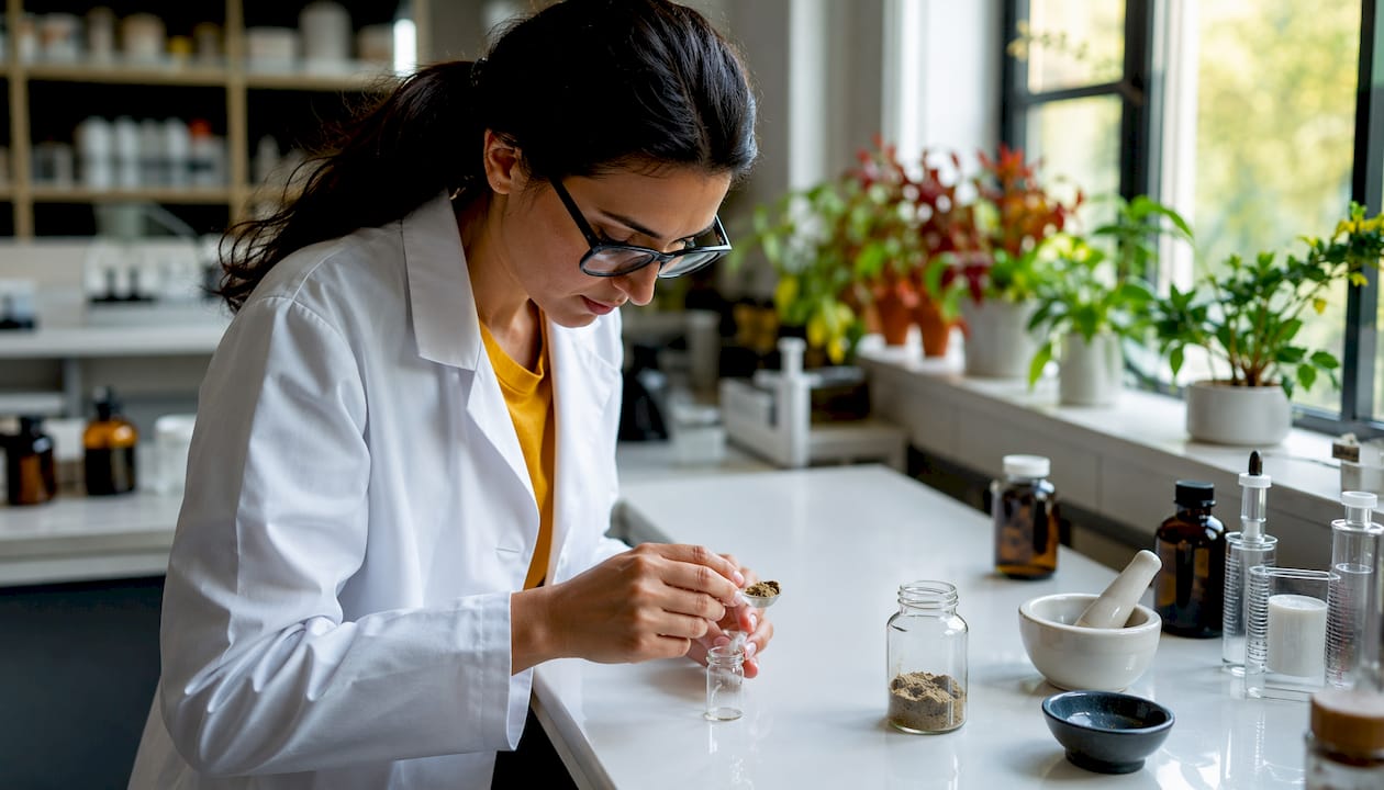 Scientist measuring herbal supplement in clinical lab