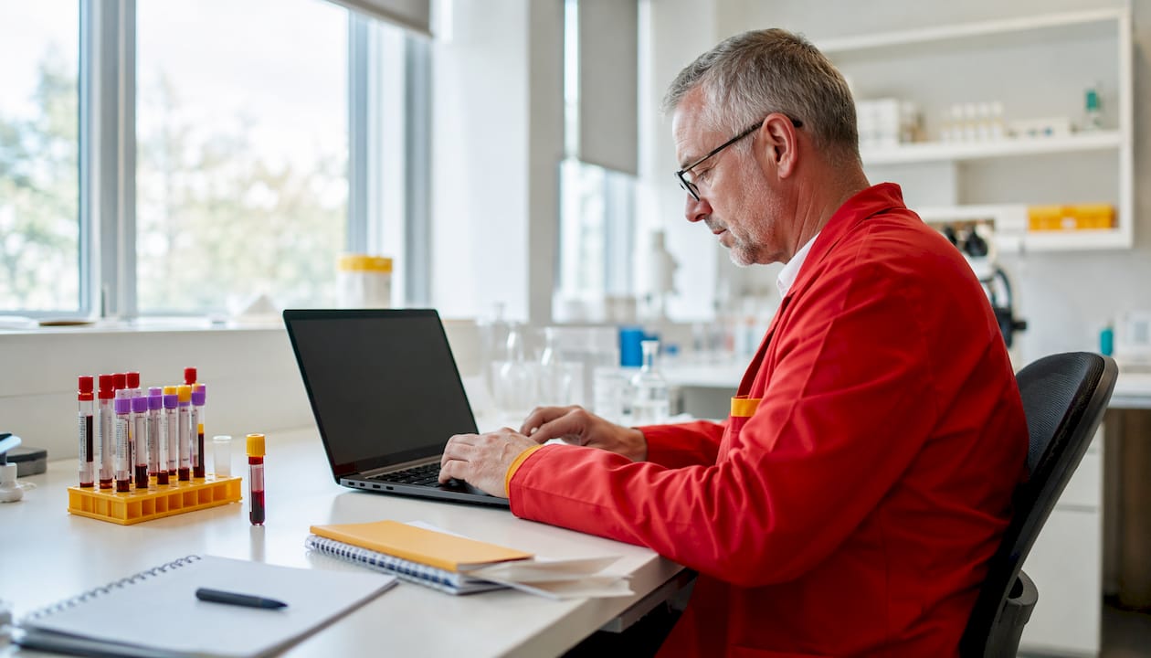 Scientist reviewing cortisol research data