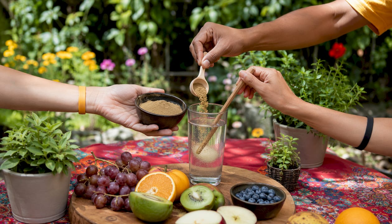 Hands preparing ashwagandha supplement drink
