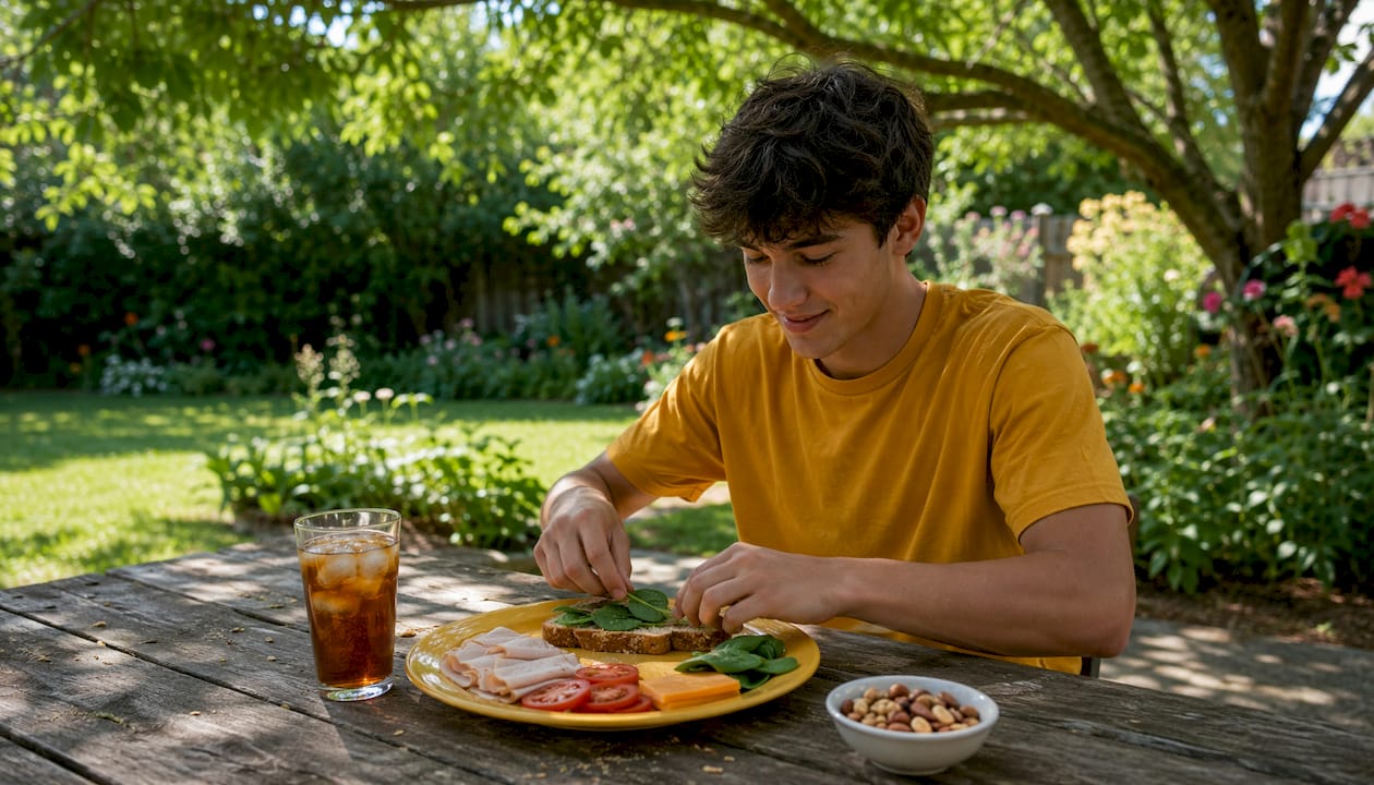 Teen hands preparing protein-rich sandwich in kitchen