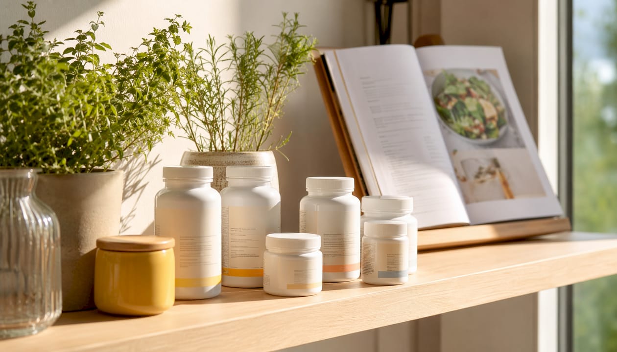 Home shelf with quality skin supplement bottles