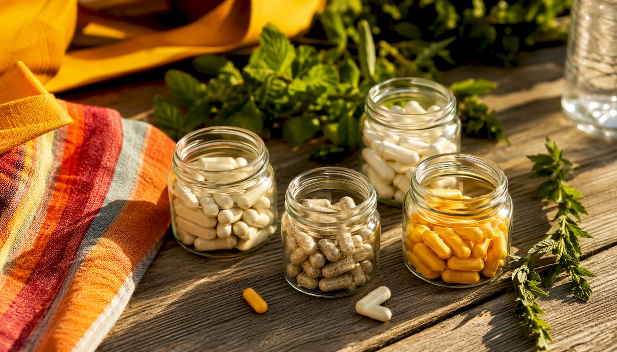 Flat lay of vitamins B6, magnesium, zinc, vitamin C supplements
