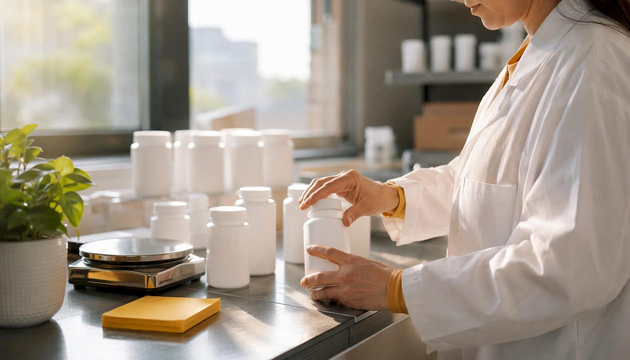 Pharmacist arranging SAMe supplements on counter