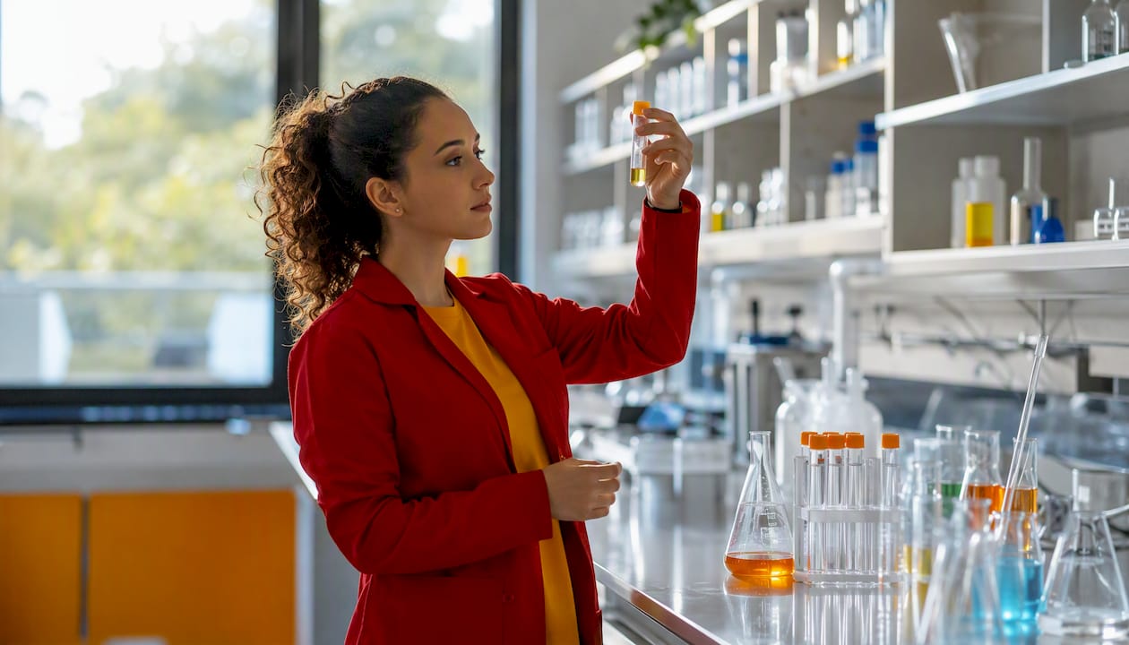 Scientist holding B vitamin sample vial in lab