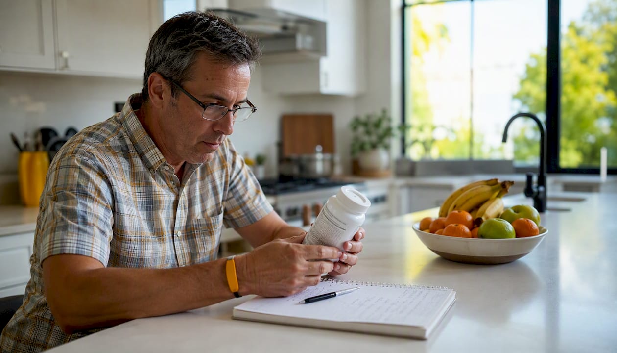 Man reading fiber supplement package label