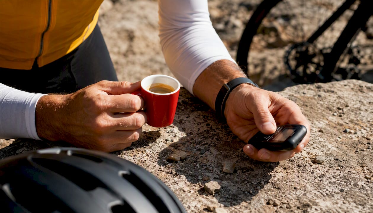 Hands holding espresso cup and stopwatch outdoors