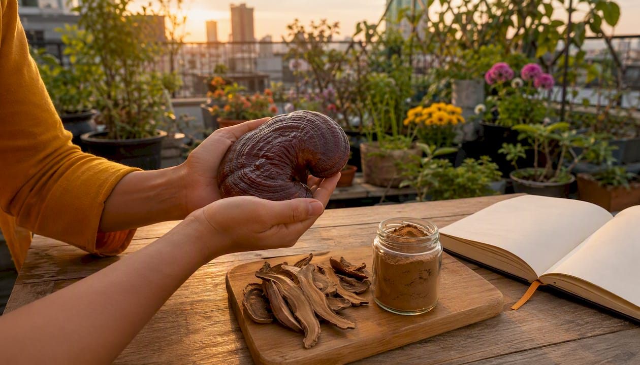 Hands holding reishi mushroom outdoors