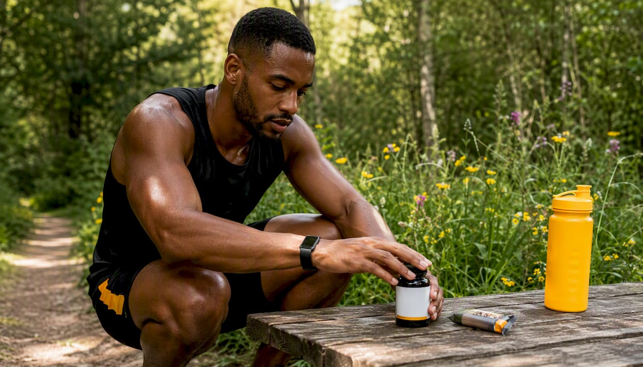 Athlete holding mushroom supplement in gym locker room