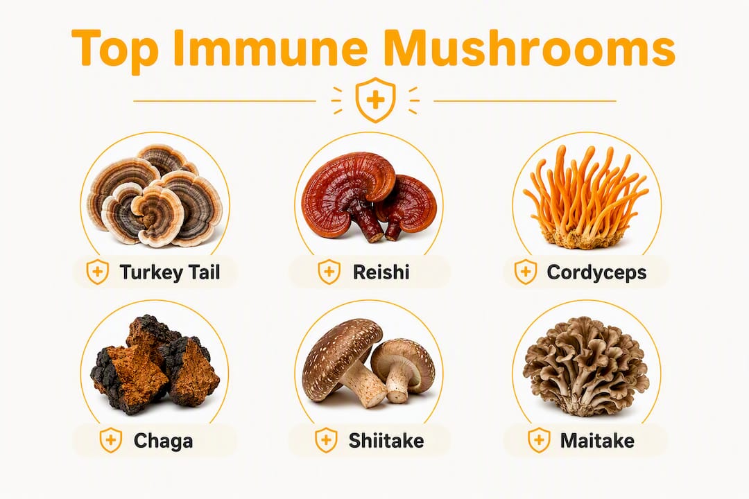 Infographic showing top mushroom supplements ranked for immunity