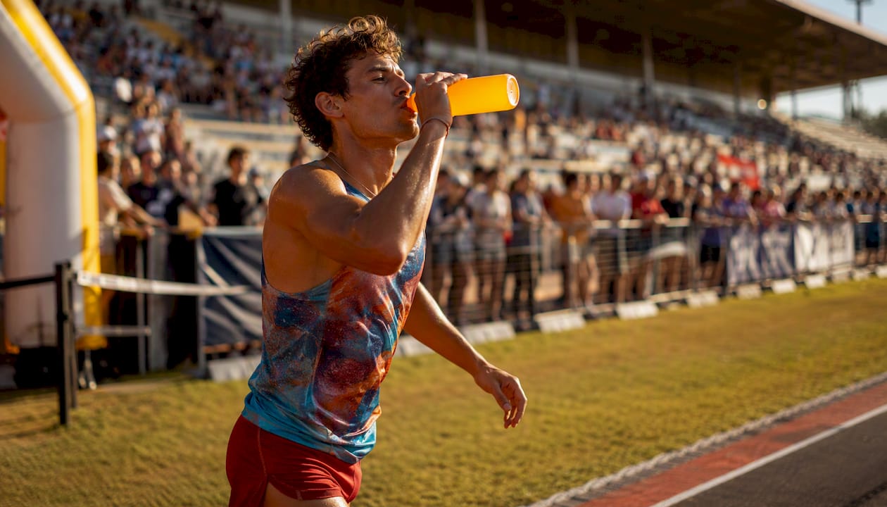 Runner drinking sports drink before race