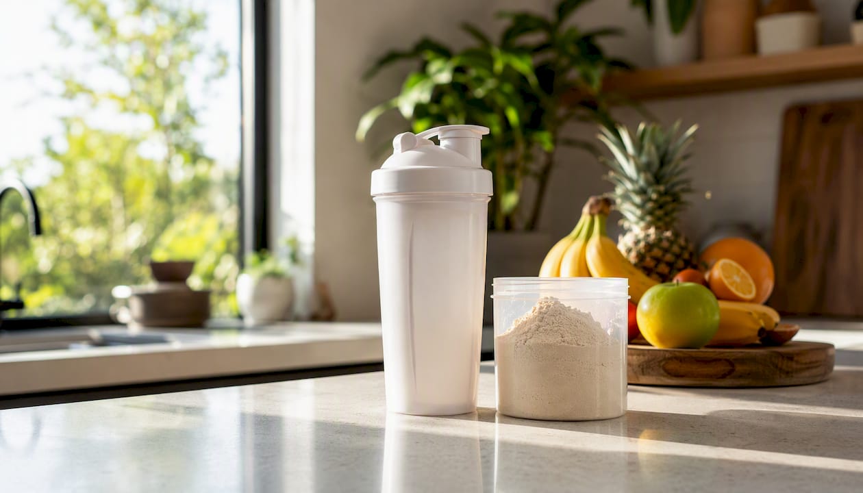 Protein powder container with shaker bottle