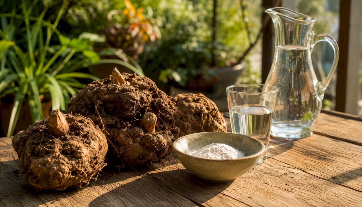 Konjac root with glucomannan powder in bowl
