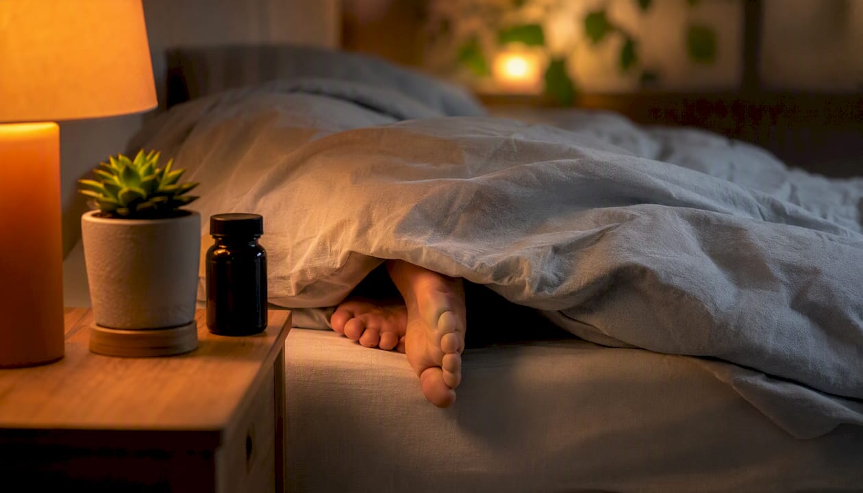 Person resting peacefully in bed with bedside diffuser