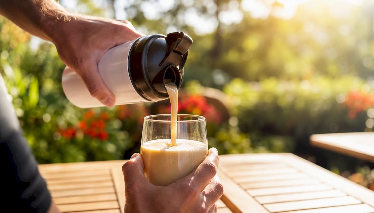 Pouring meal replacement shake into glass