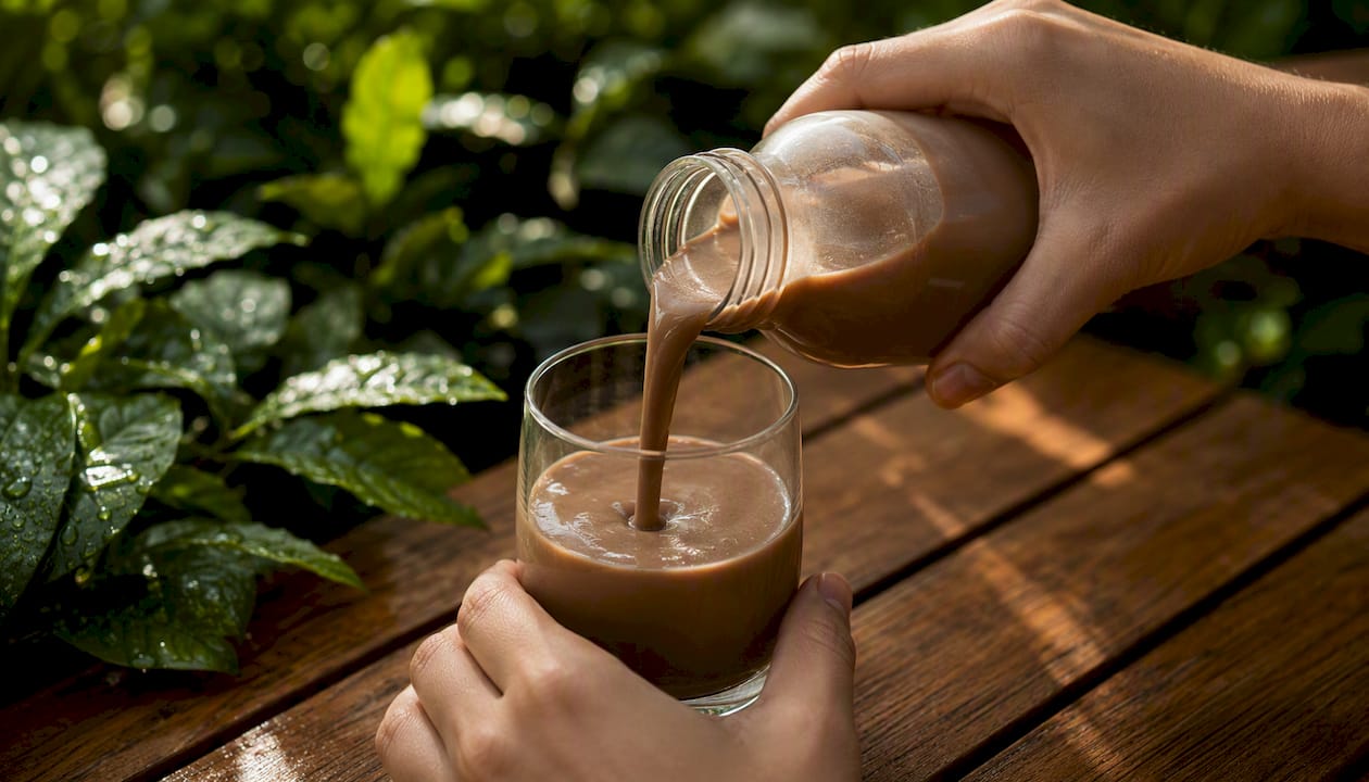 Coffee flavored meal replacement shake bottle and coffee cup