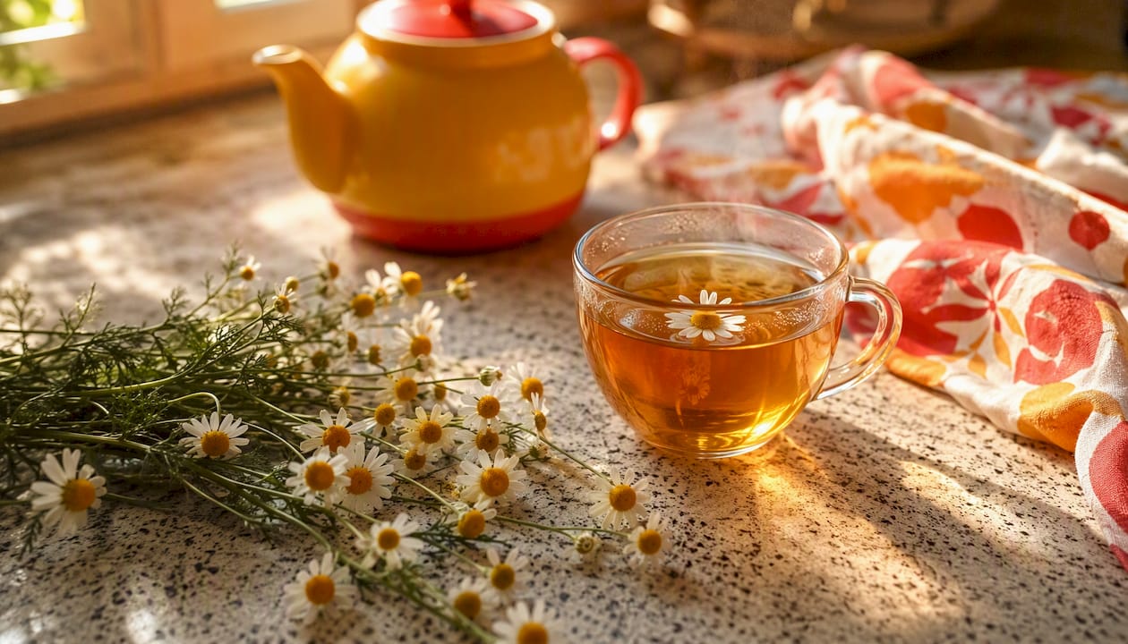 Chamomile tea cup with fresh flowers on wood